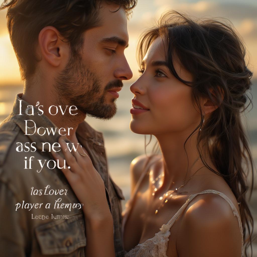 Couple embracing with a romantic quote overlayed on a scenic background