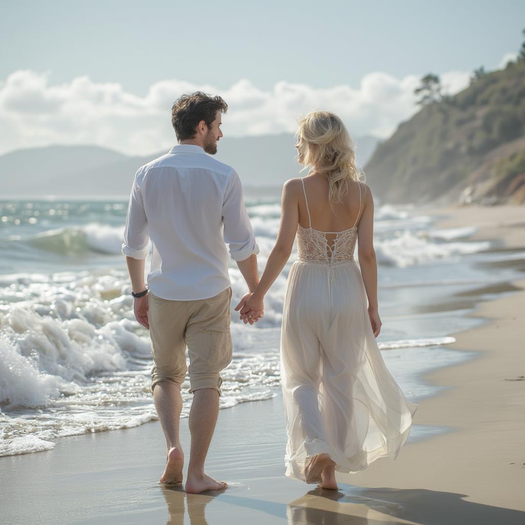 Couple walking hand-in-hand on a beach, symbolizing freedom in love.