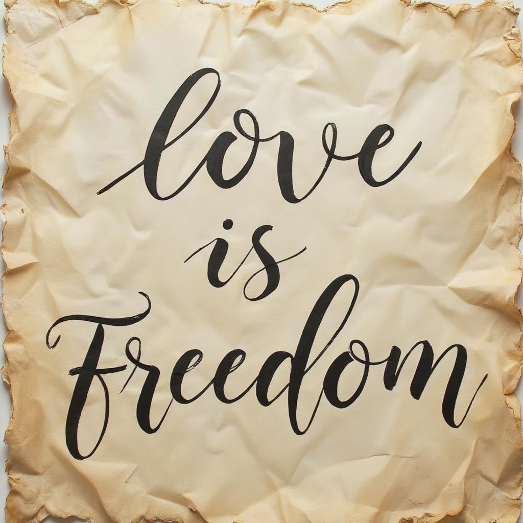 Calligraphy of an inspiring "love is freedom" quote on parchment paper.