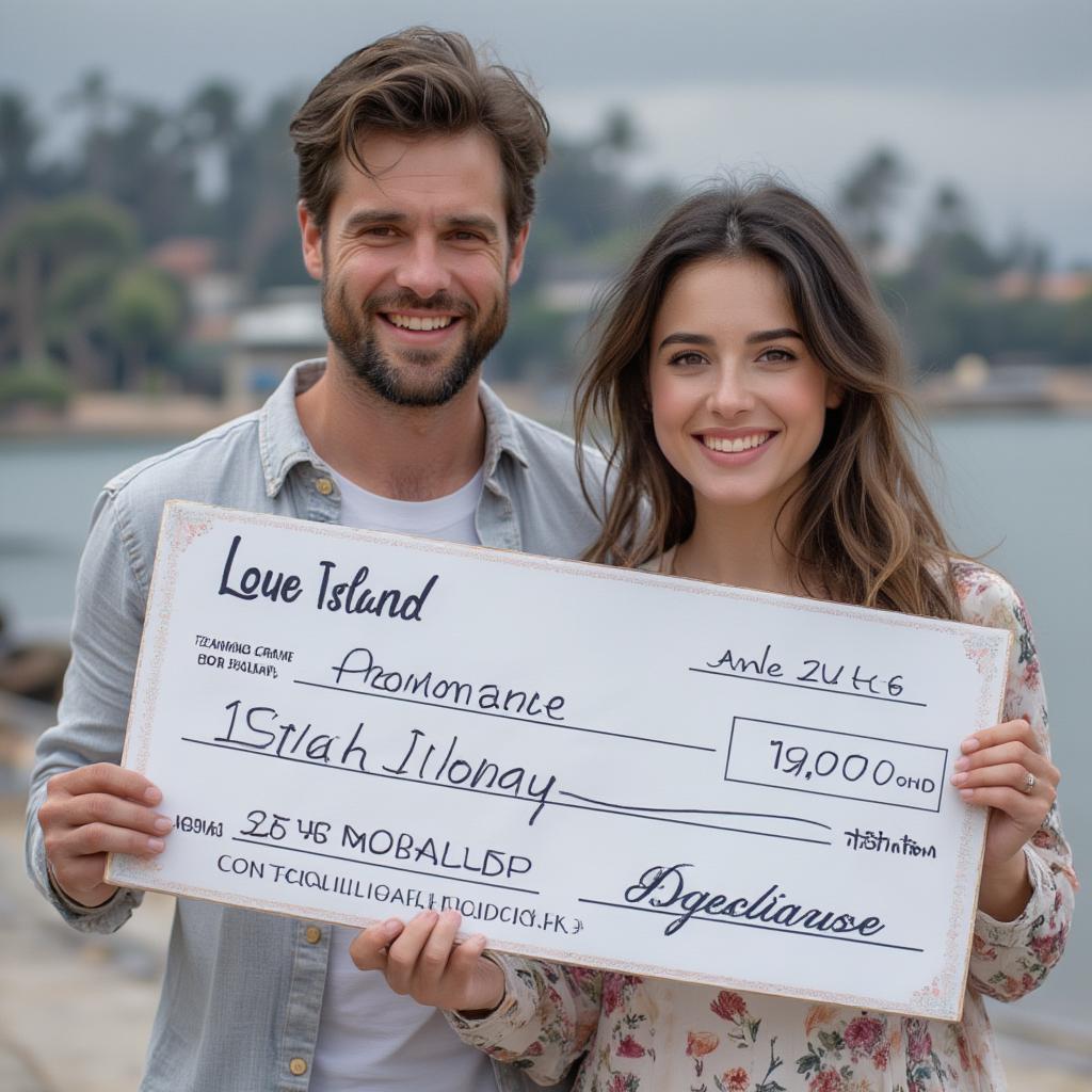 Couple holding love island prize money