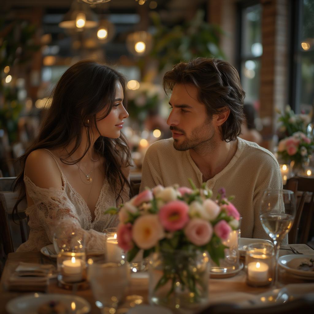 Couple enjoying a romantic dinner, representing shared moments and connection.