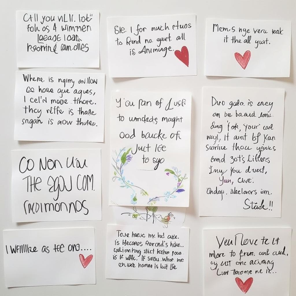 Various love notes with different messages and designs laid out on a table.