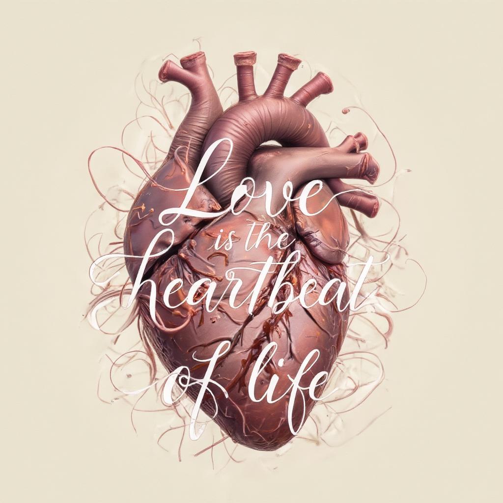 Calligraphy of a love quote with anatomical heart illustration