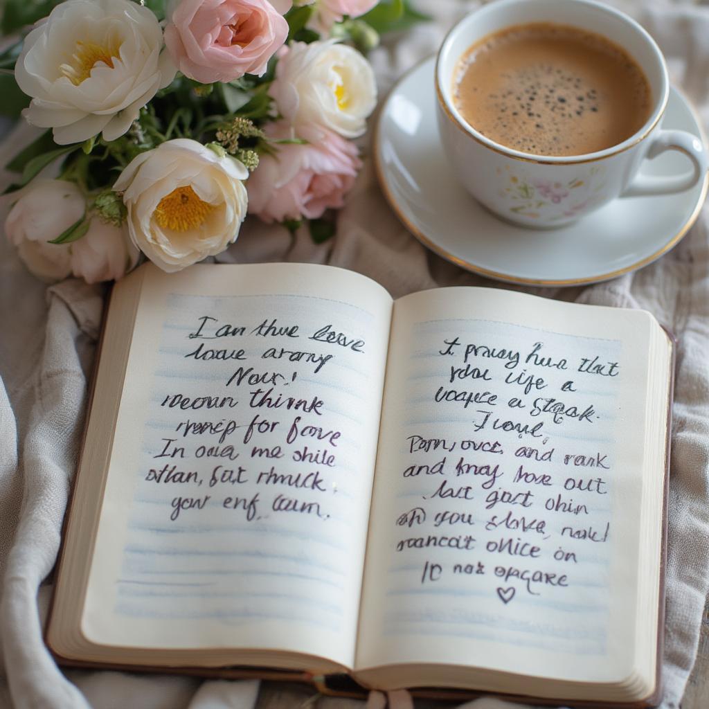 Open journal with love quotes written, flowers and coffee cup beside