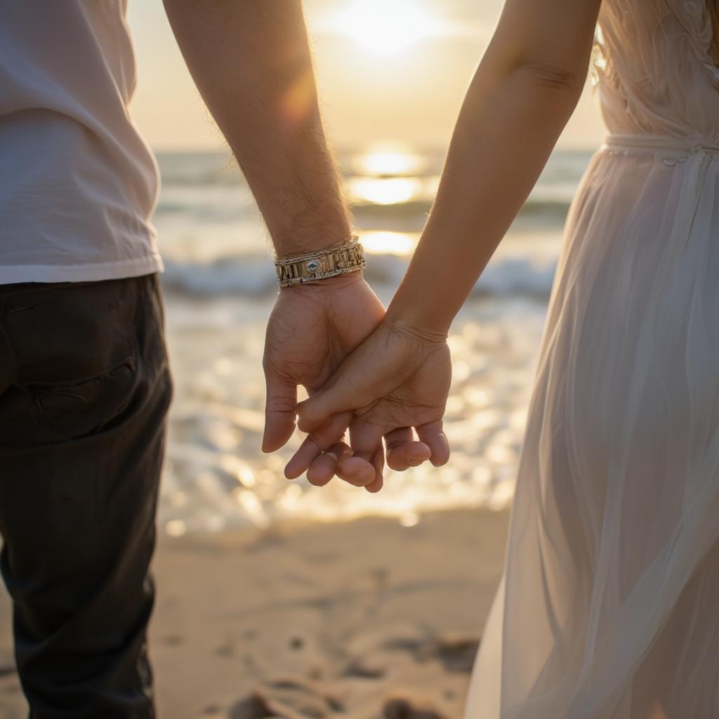 Couple Holding Hands Walking on the Beach