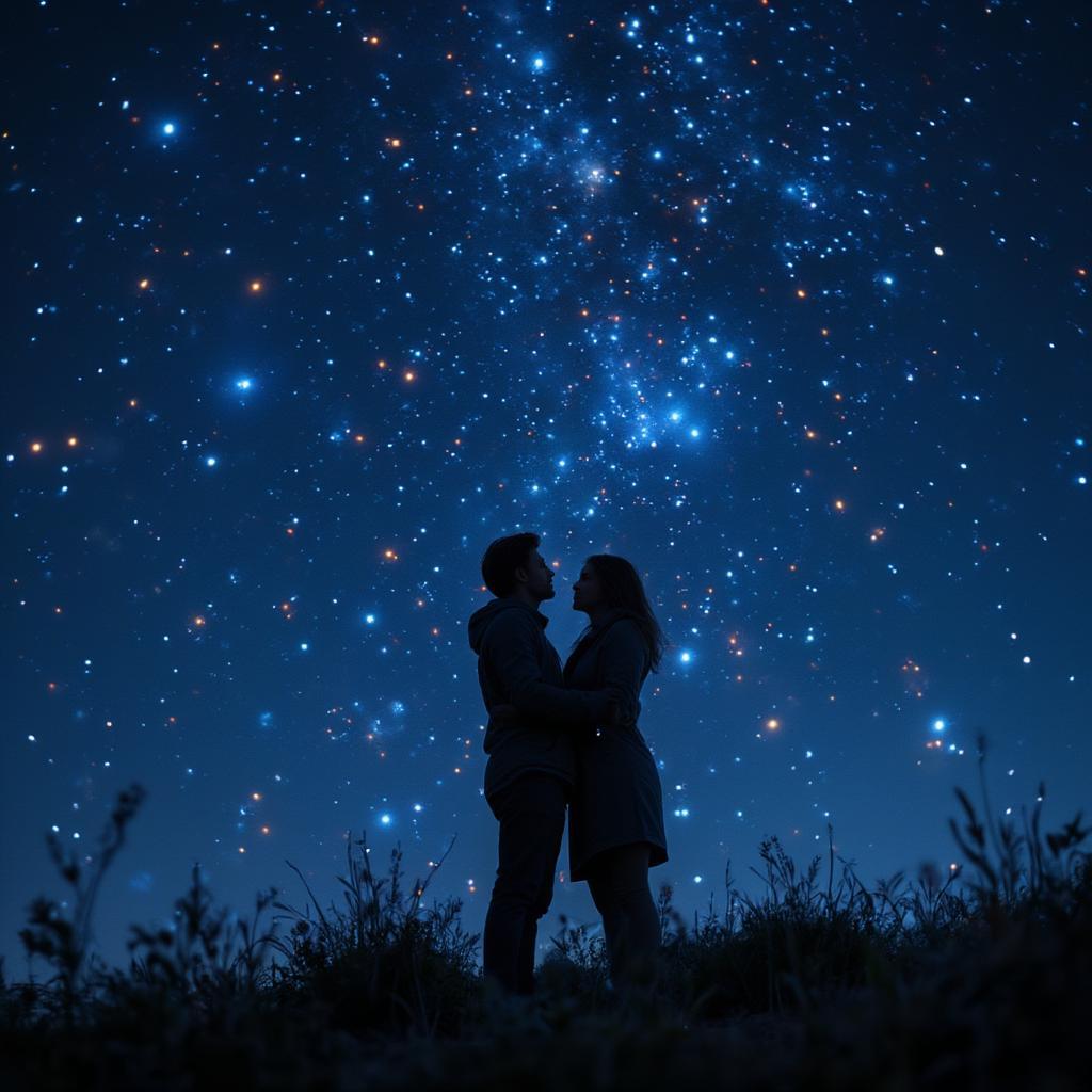 Couple stargazing, embracing under a vast, starry night sky.