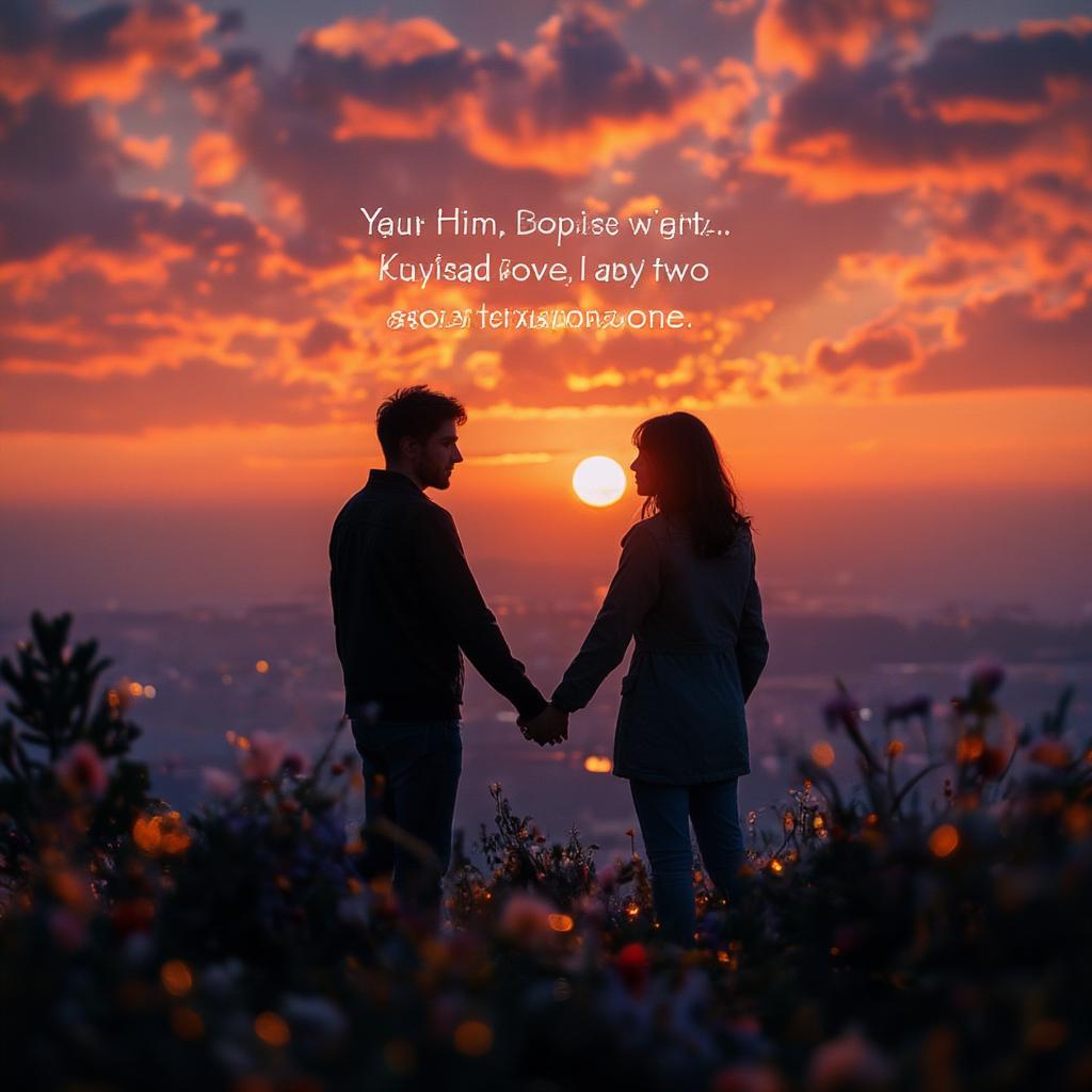 Romantic Couple Silhouetted Against a Sunset Holding Hands with a Love Quote Overlay