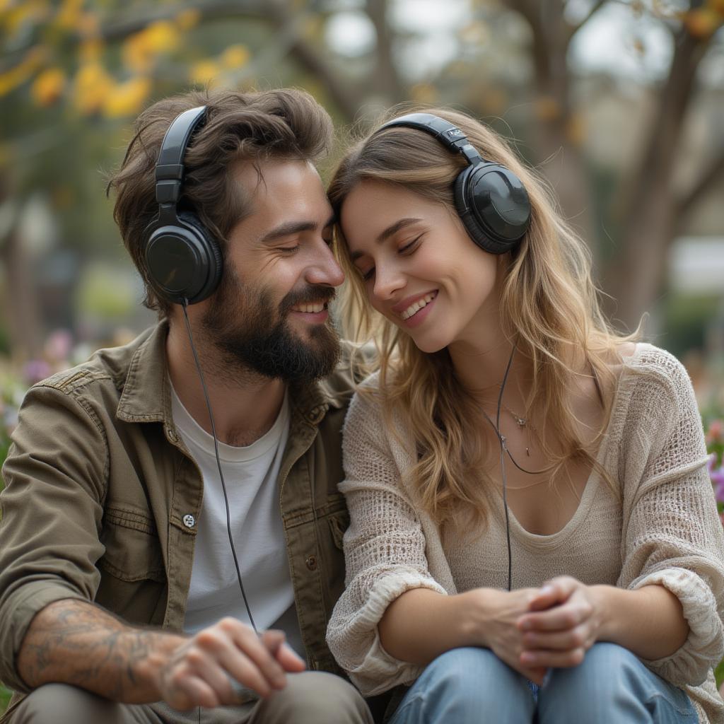 Couple listening to music together on headphones