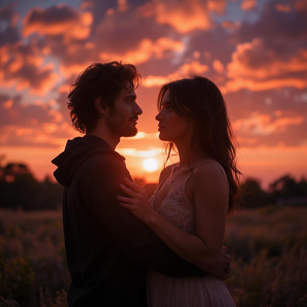 Romantic Couple Embracing under a Sunset Sky