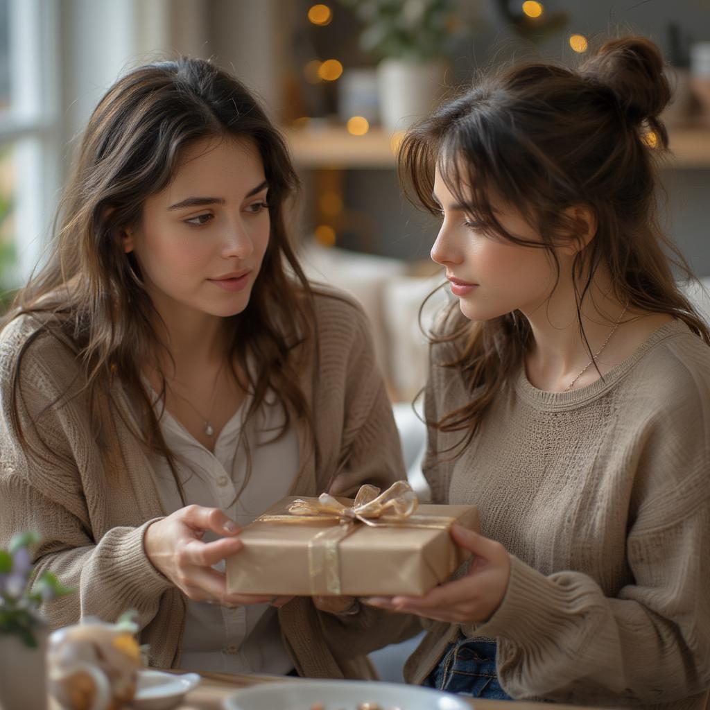 A thoughtful gift exchange between a mother figure and a younger woman, representing the love and appreciation they share.