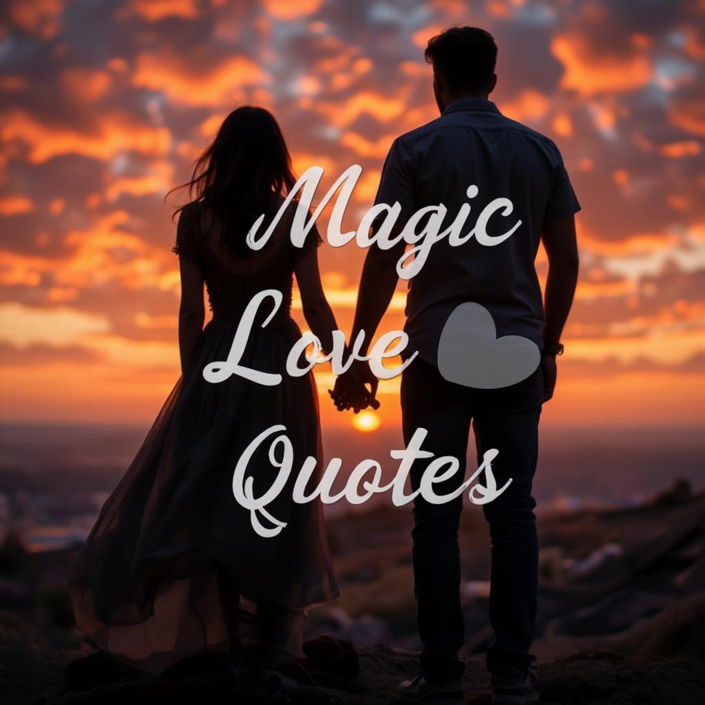 Couple Sharing a Romantic Sunset Moment with Magic Love Quotes