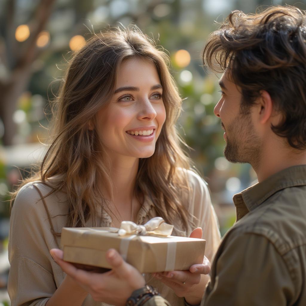 A man surprises a woman with a gift, demonstrating thoughtfulness and care.