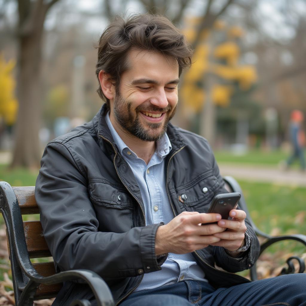 A man smiling while texting on his phone