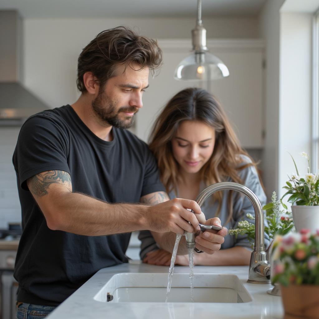 A man performing acts of service for his partner, like fixing a broken appliance or doing chores.