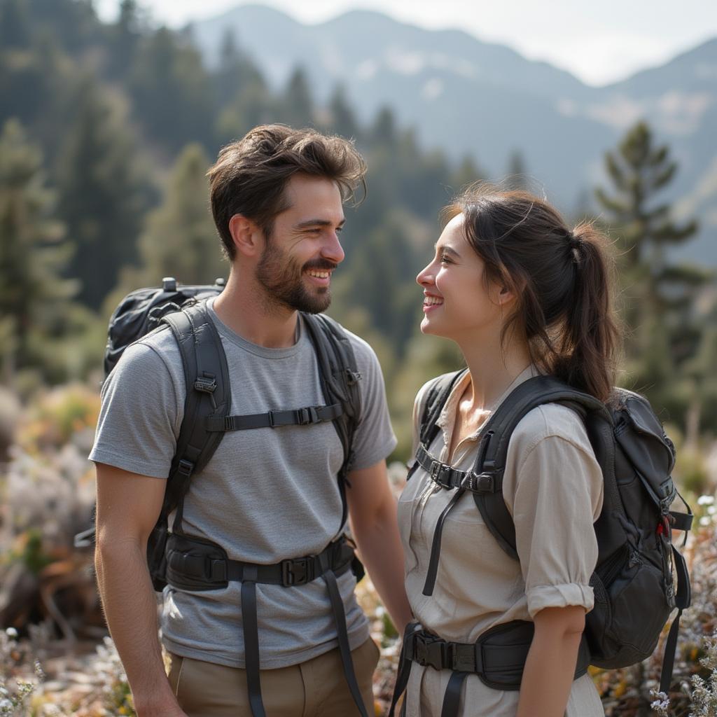 A couple enjoying quality time together, perhaps on a hike or having a picnic.