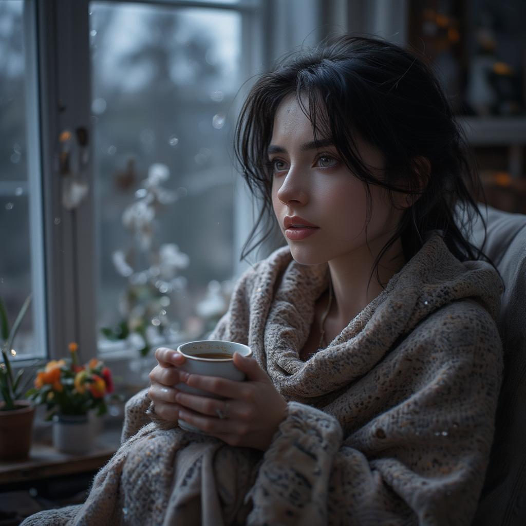 Missing You Quotes for Her: A woman wrapped in a blanket, holding a mug of tea, staring out a rain-streaked window, a melancholic expression on her face.  The room is dimly lit, highlighting the sense of loneliness.