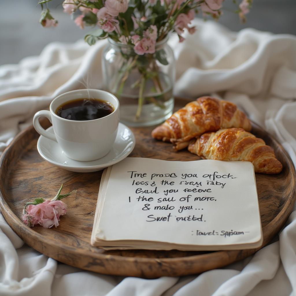 A tray with coffee, pastries, and a handwritten note with a morning love quote, resting on a bed. 