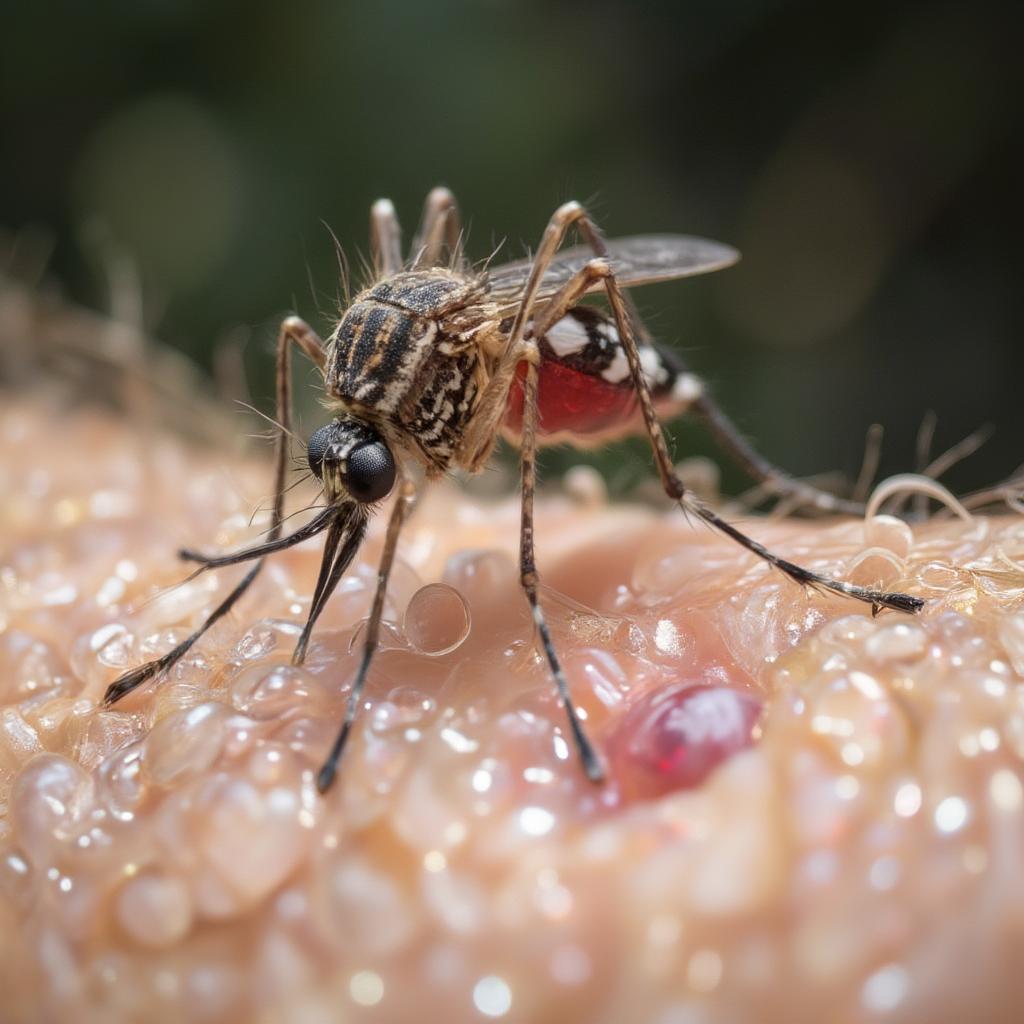 Mosquito Feeding on Human Skin