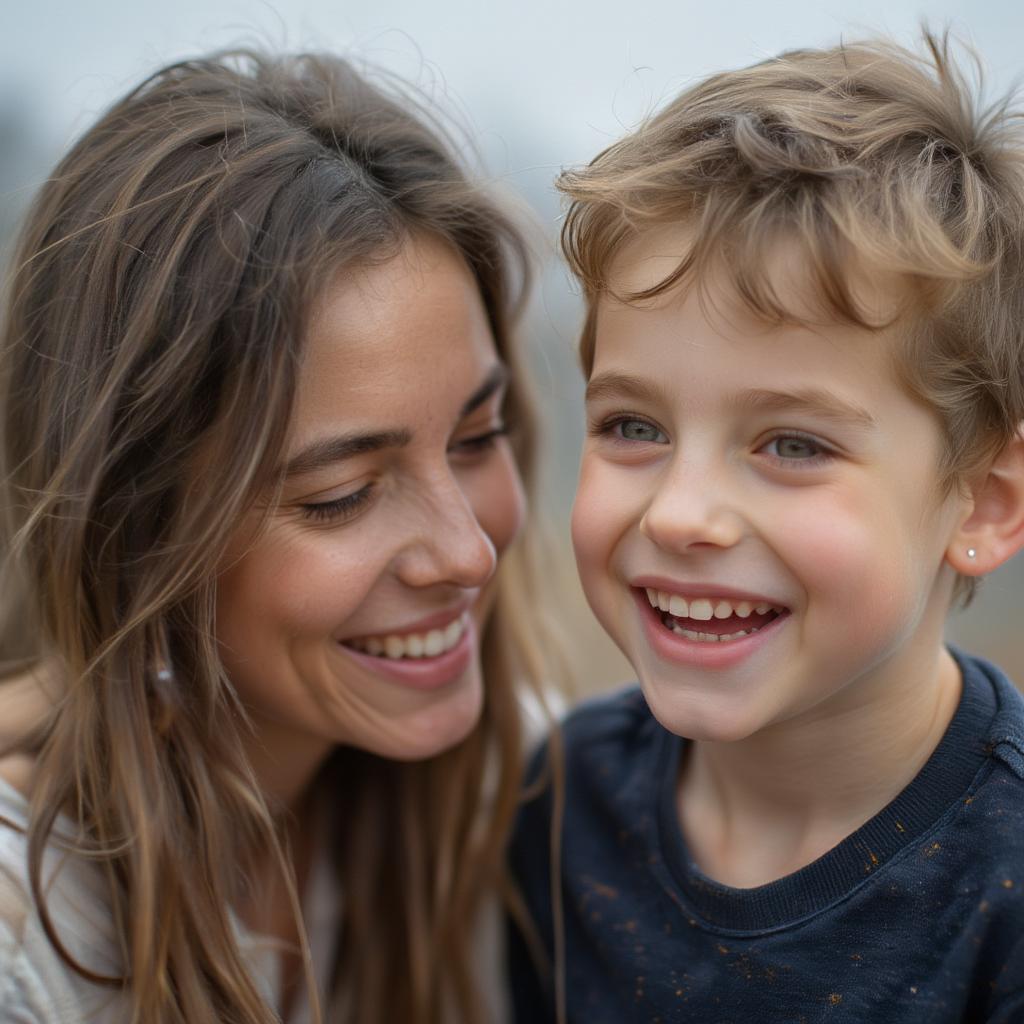 Mother and son laughing together, enjoying a happy moment.