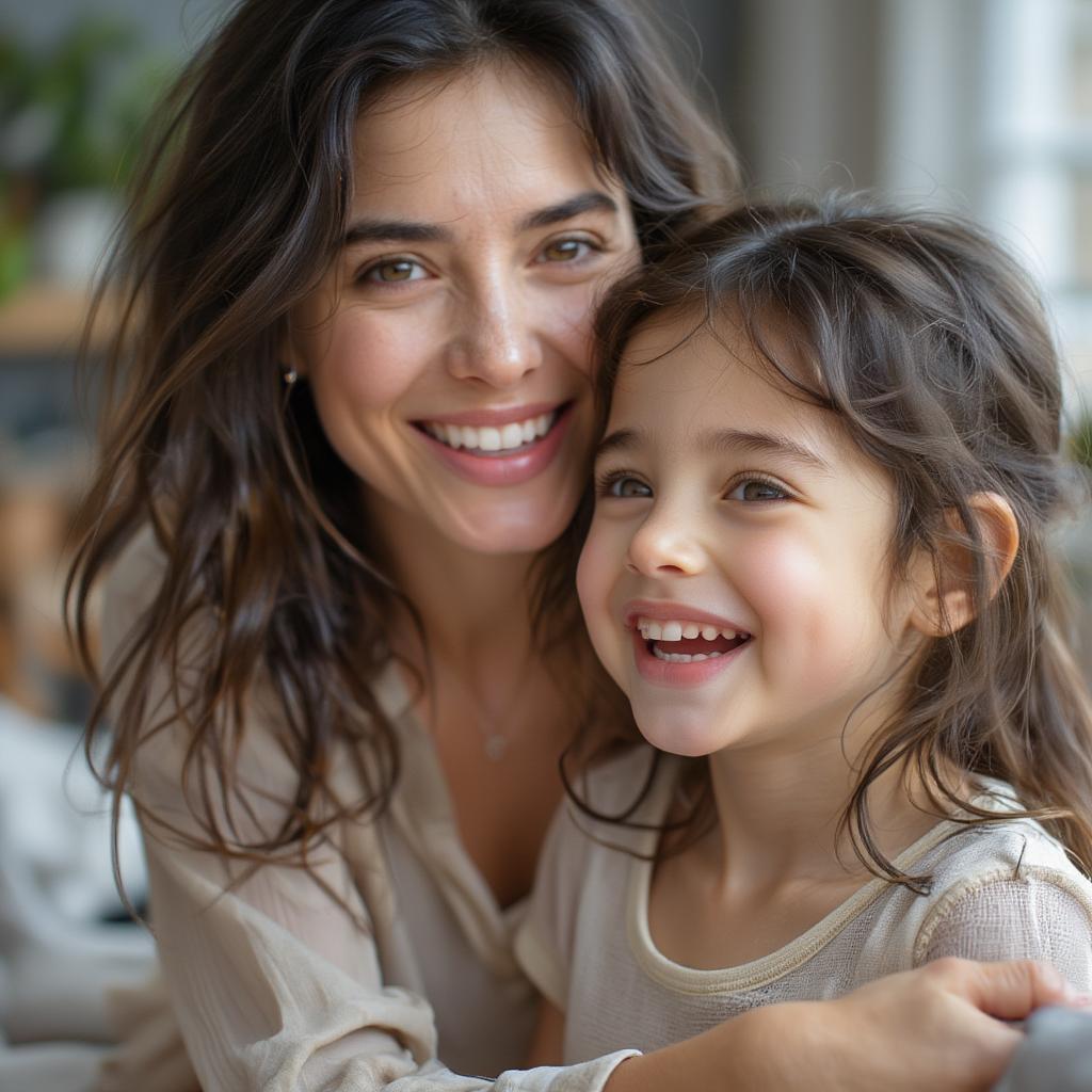 Mother and child laughing together joyfully