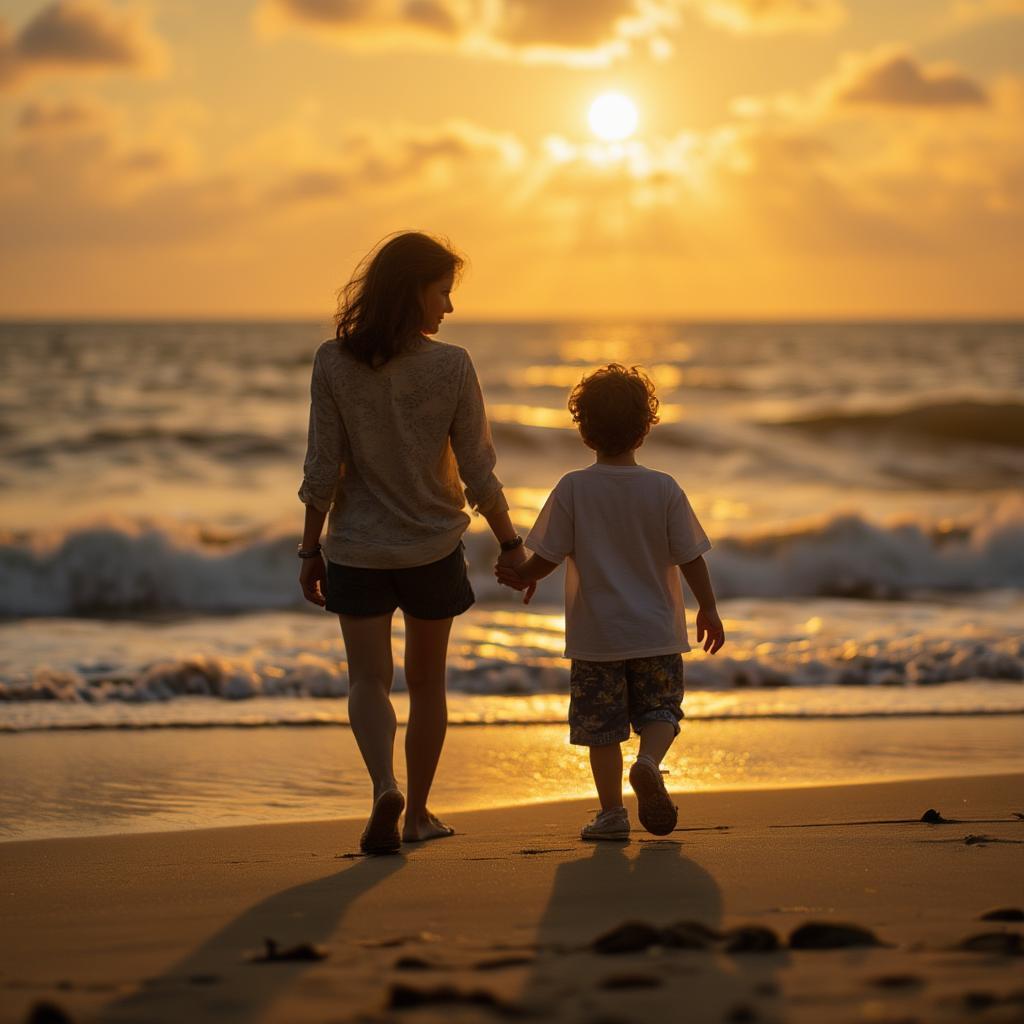 A mother and son walking hand-in-hand on a beach at sunset.