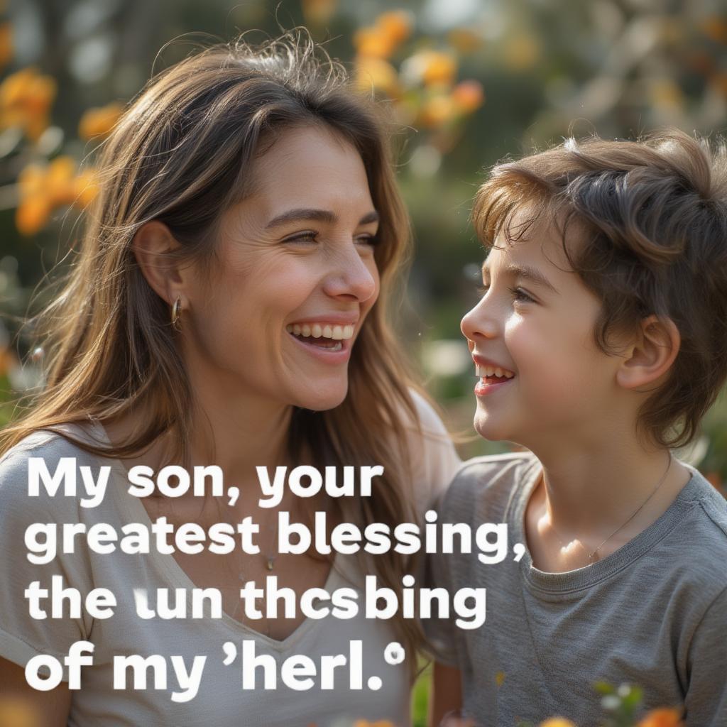 A mother and son laughing together, with a quote about the joy they share.