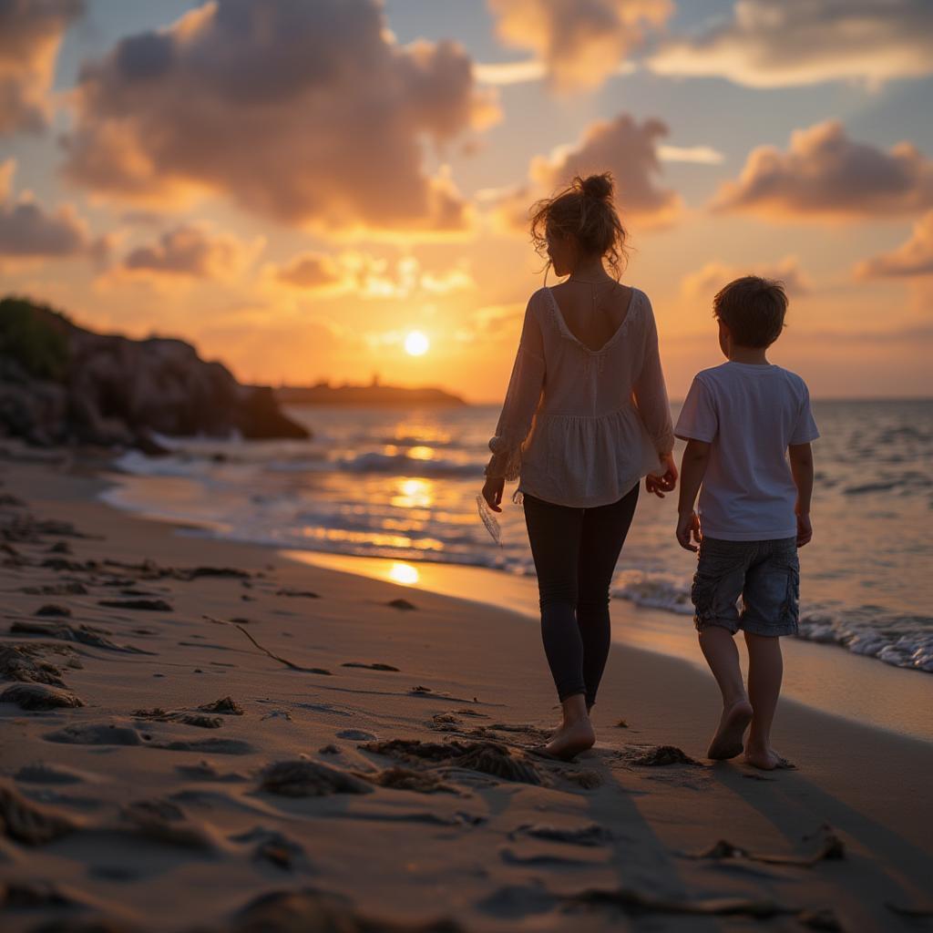 Mother and son walking on the beach, enjoying quality time together.