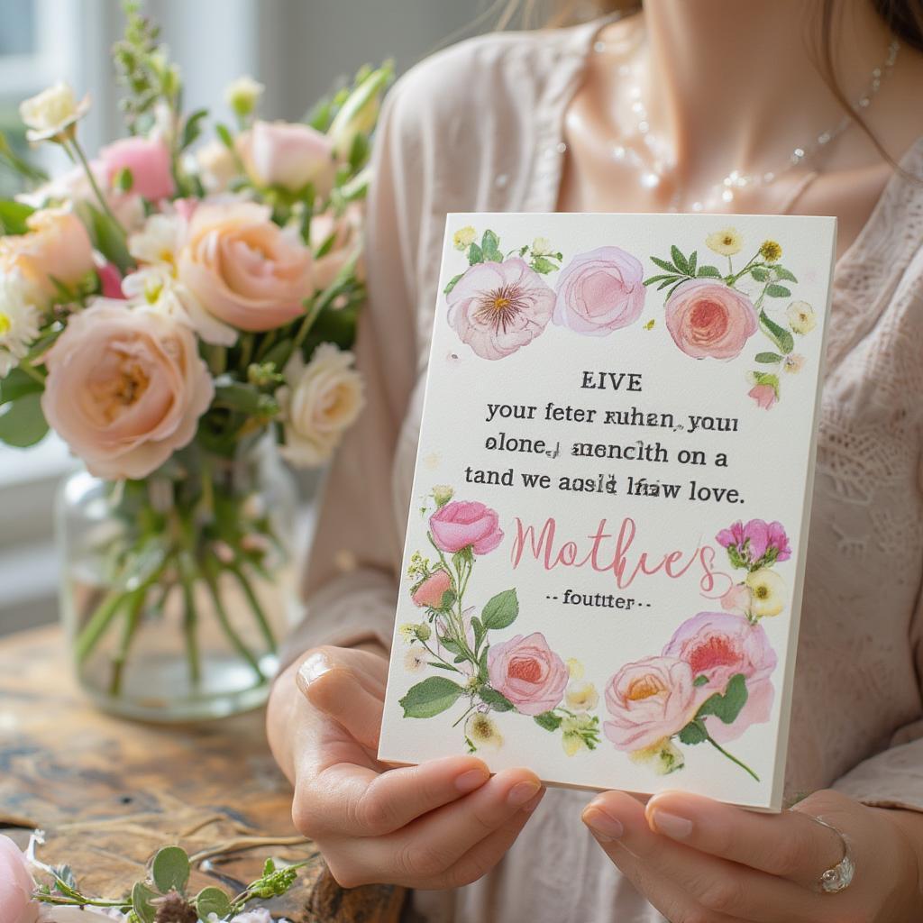 Close-up of a handwritten card and a bouquet of flowers