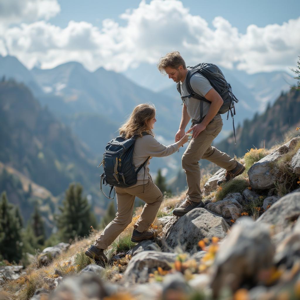 Couple Supporting Each Other While Mountain Climbing