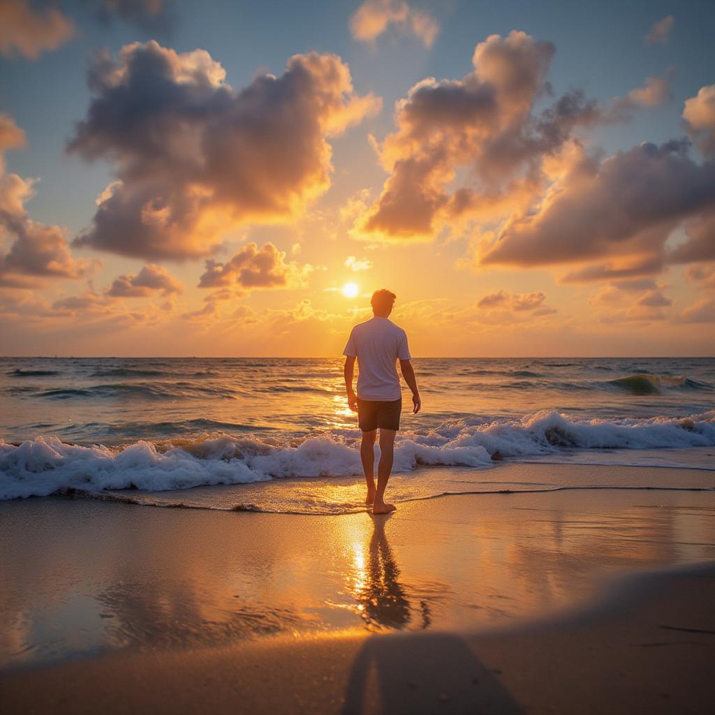 A person walking towards a sunrise, symbolizing new beginnings and moving forward.