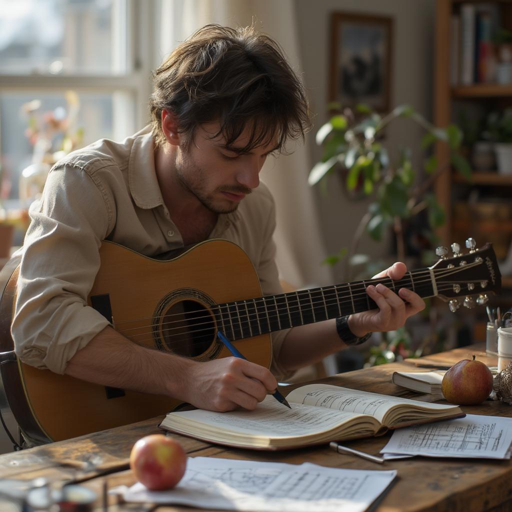 Musician Finding Inspiration: A musician composing a song, inspired by love quotes.