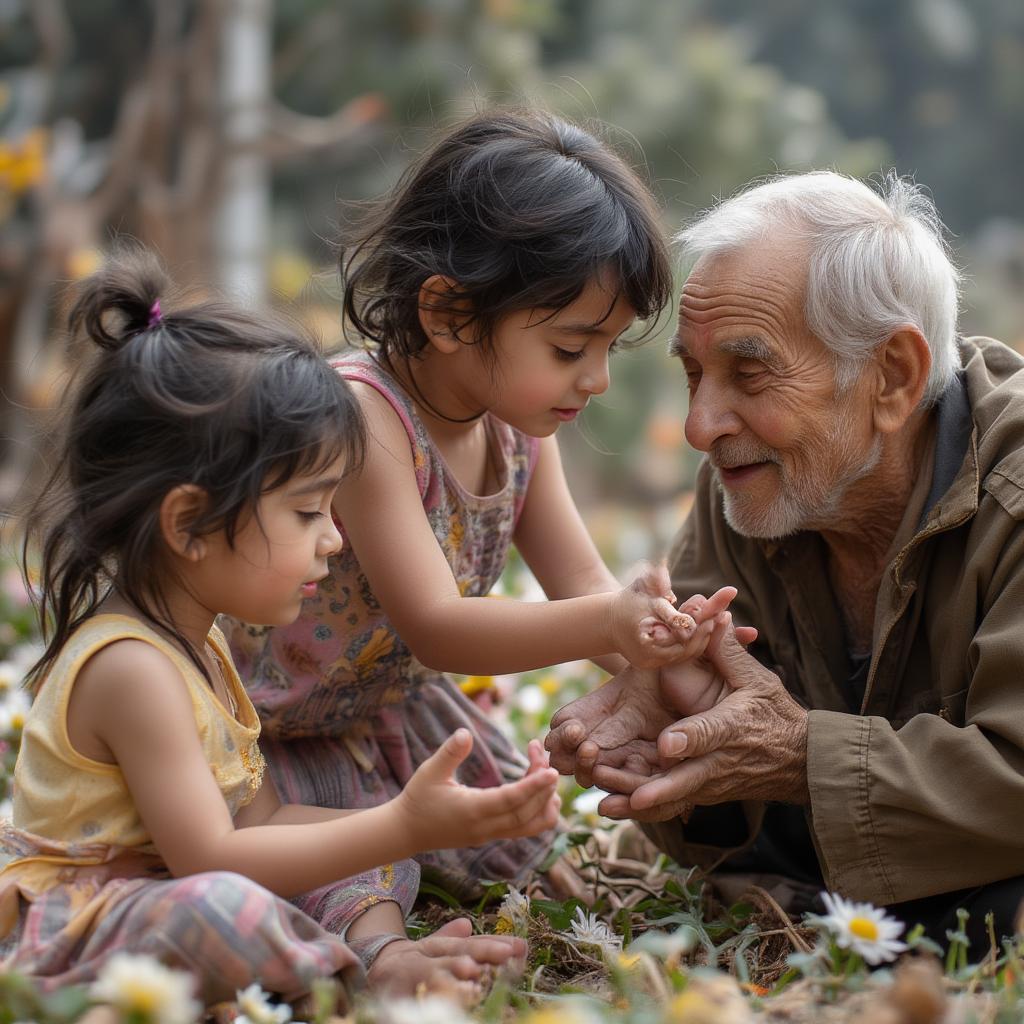 Nepali children touching their grandparents' feet as a sign of respect.