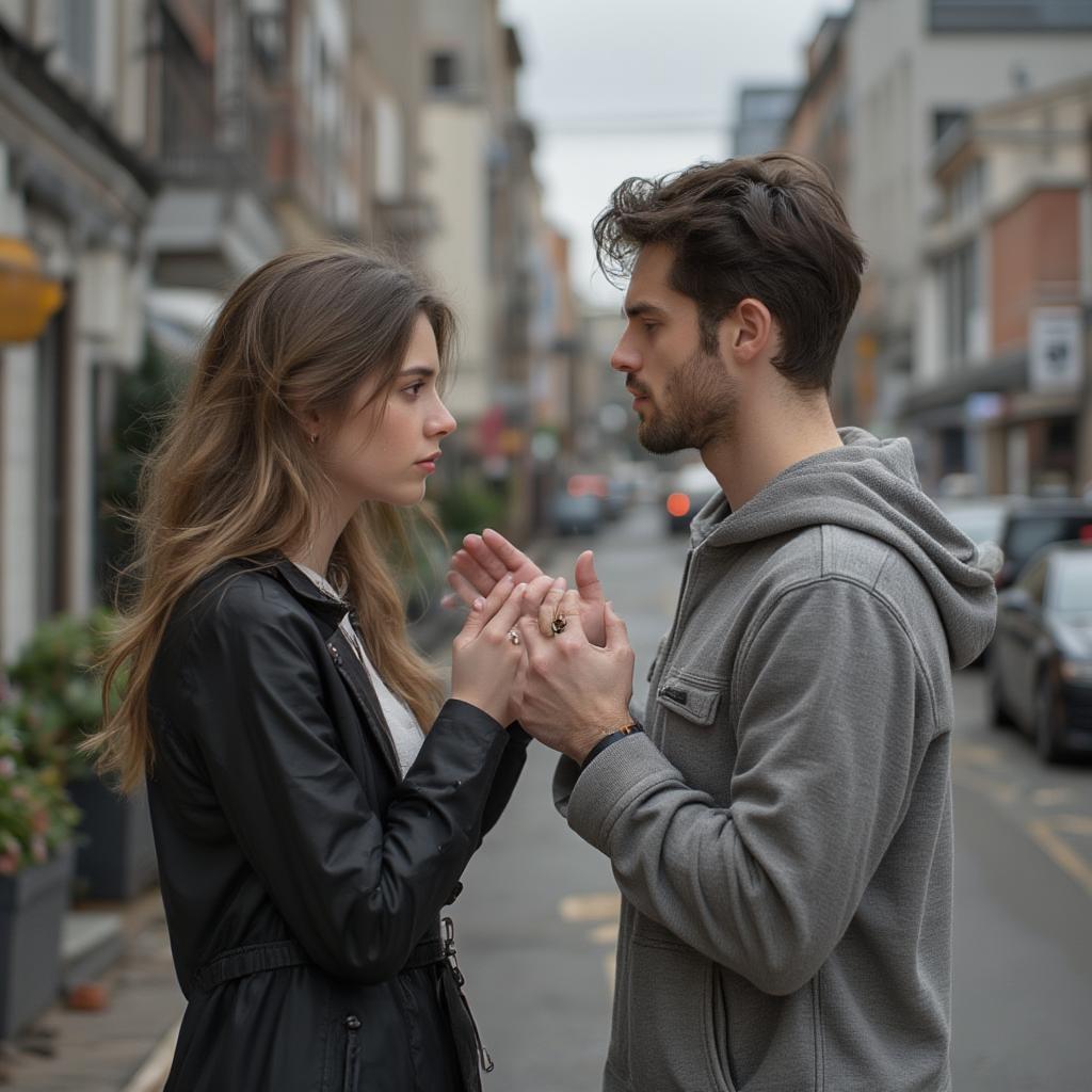 A man nervously fidgeting with his hands while talking to a woman he likes