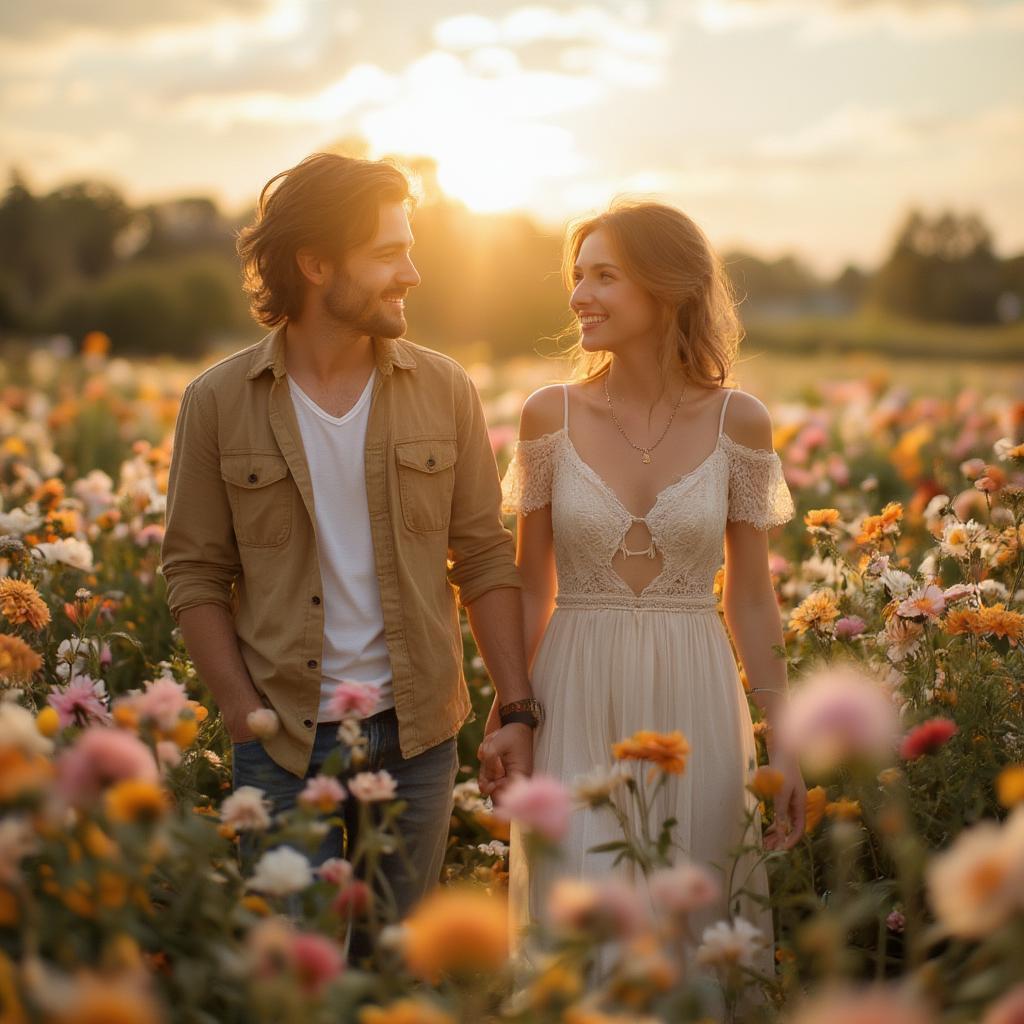 Couple Holding Hands in a Field of Flowers