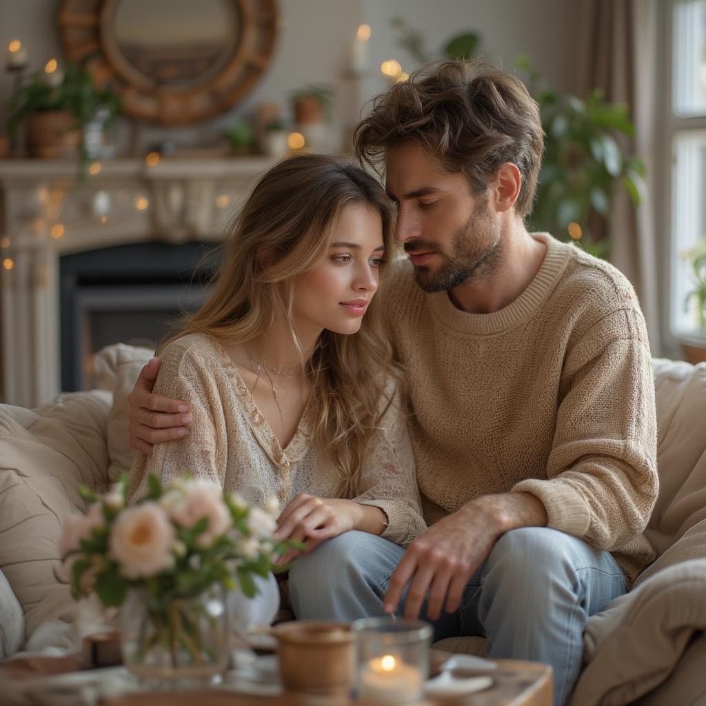 Couple embracing warmly in a cozy, well-furnished home