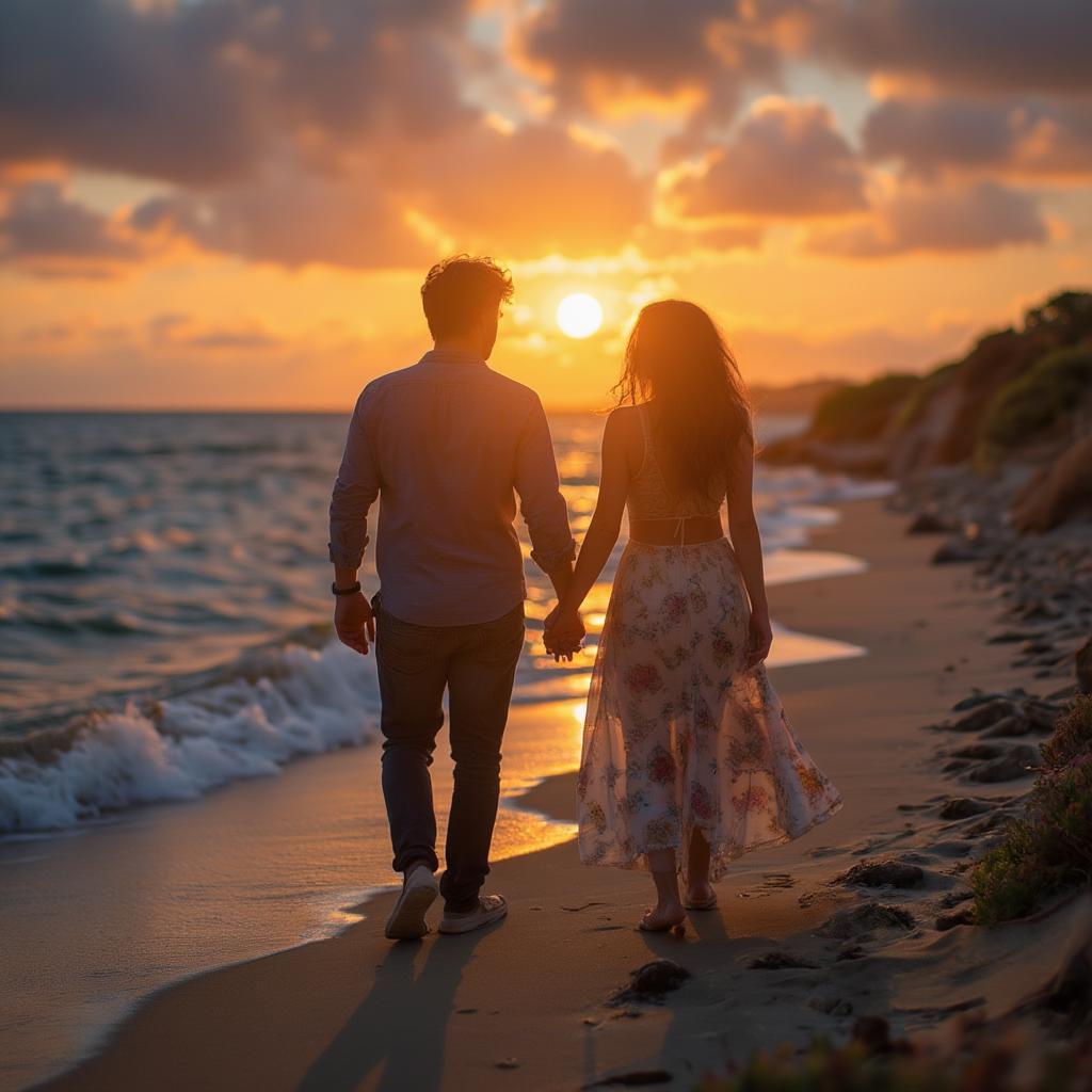 A couple walking hand-in-hand on a beach, silhouetted against the sunset, symbolizing their enduring love and shared journey.