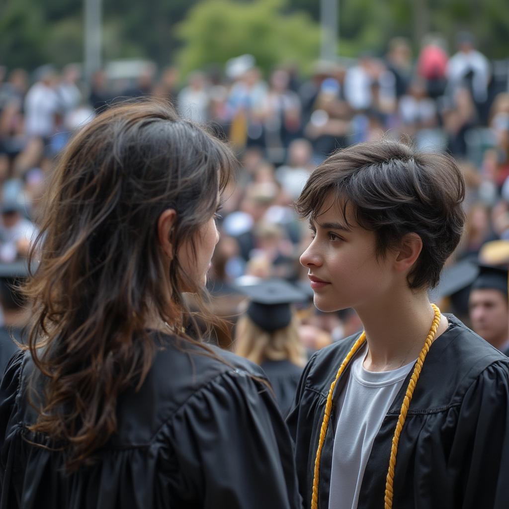 Parent watching child graduate, symbolizing setting free in a familial context.