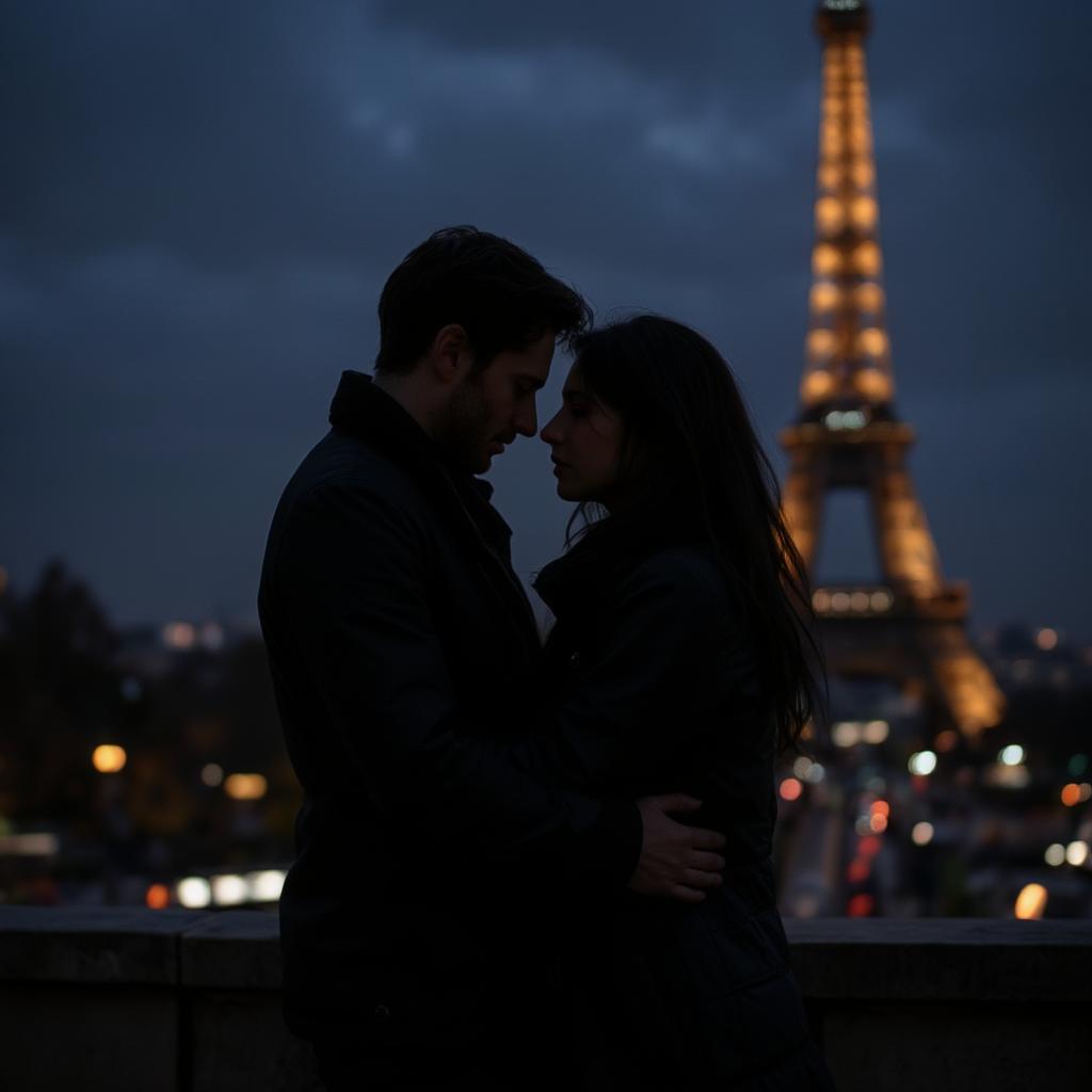 A romantic couple embracing with the Eiffel Tower in the background