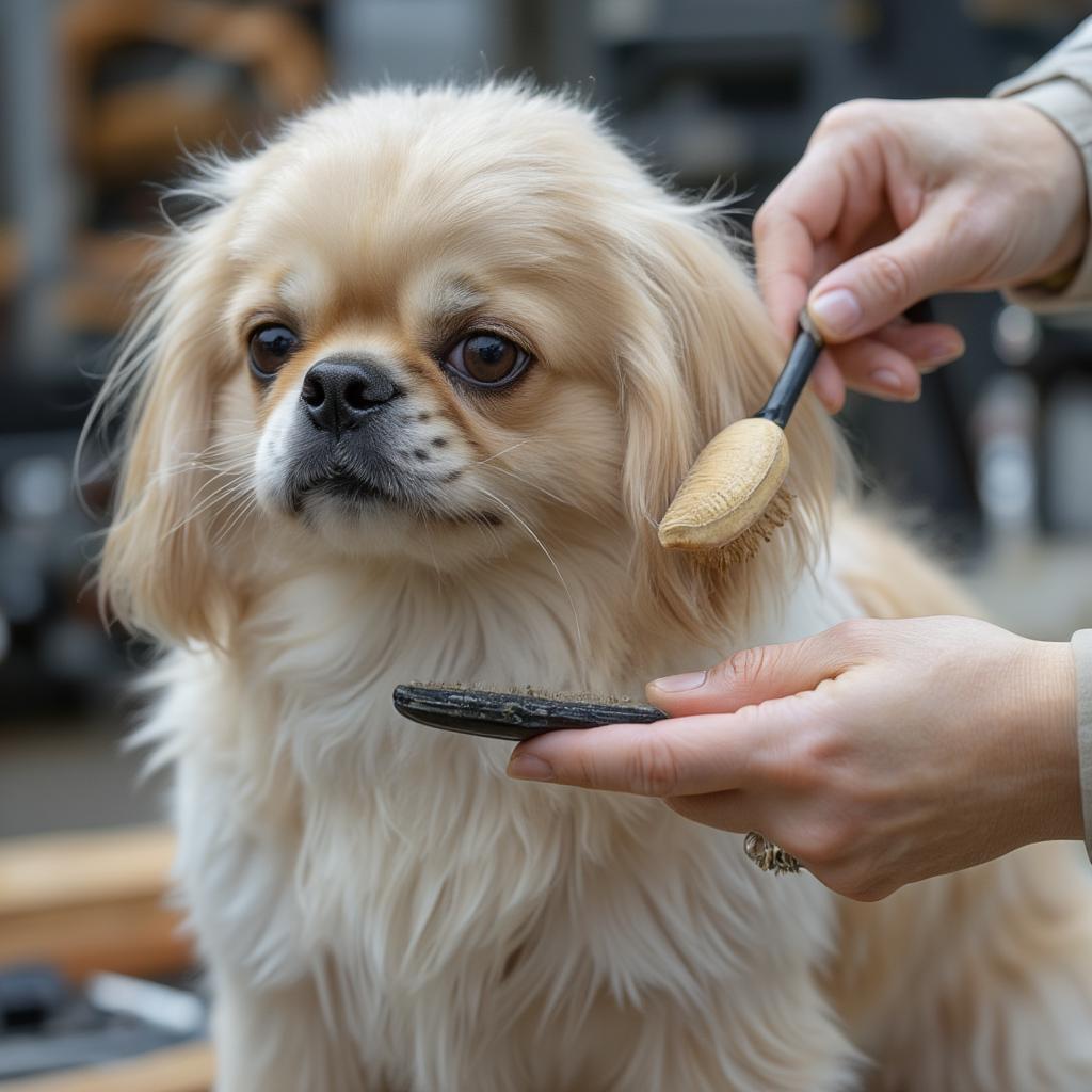 A person grooming a Pekingese with a brush and comb.