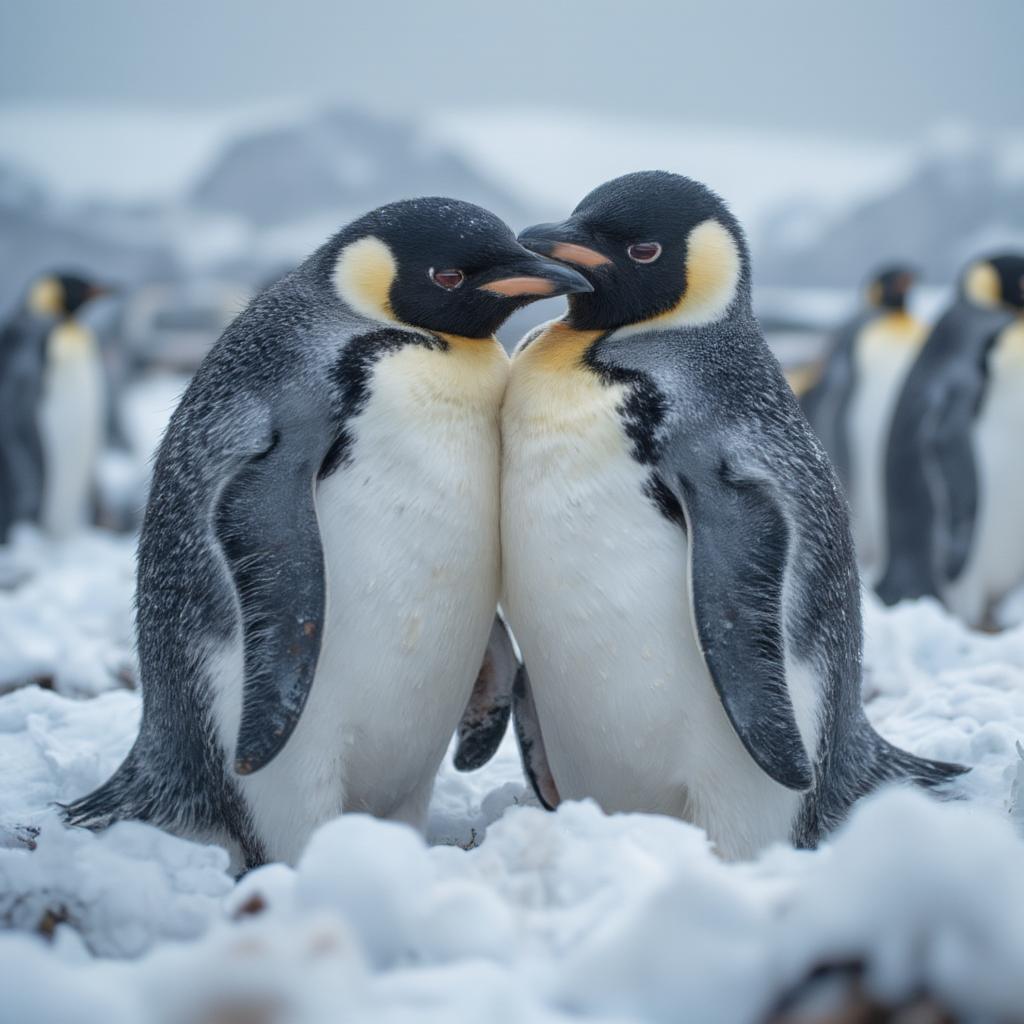 A penguin couple huddles together against the harsh Antarctic winds, displaying a strong bond and companionship.