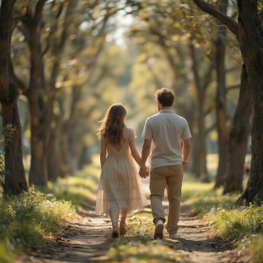 Holding hands: A couple walks hand in hand along a scenic path.