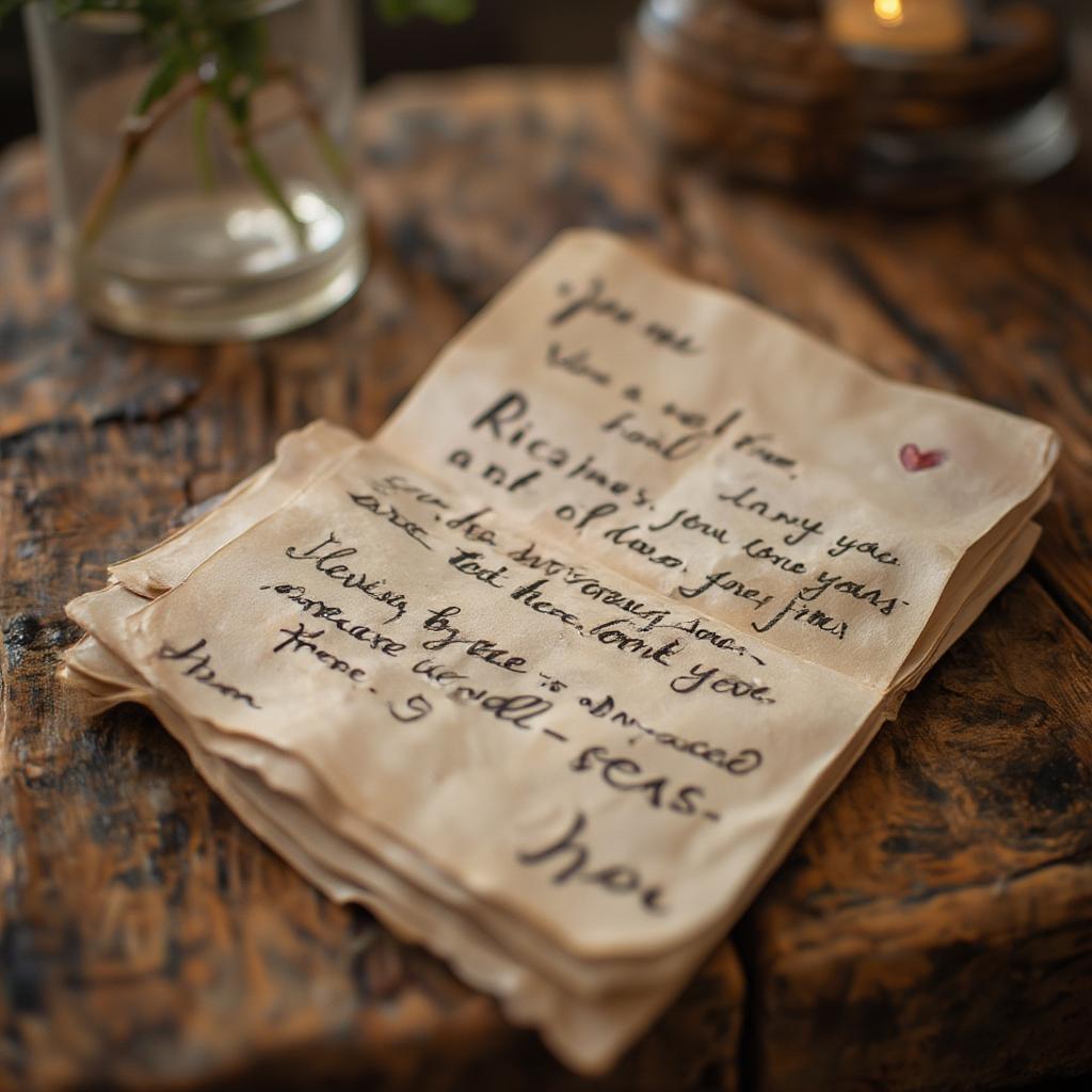 Personal Love Quotes for Your Fiancé: A close-up shot of a handwritten love letter, personalized with heartfelt words and a small drawing of a heart. The handwriting is elegant and flowing, conveying a sense of intimacy and sincerity.