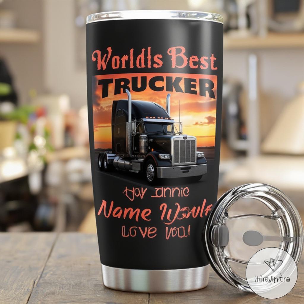 Personalized Gifts for Truck Drivers: A photo of a personalized travel mug with a truck driver theme and a heartfelt message.