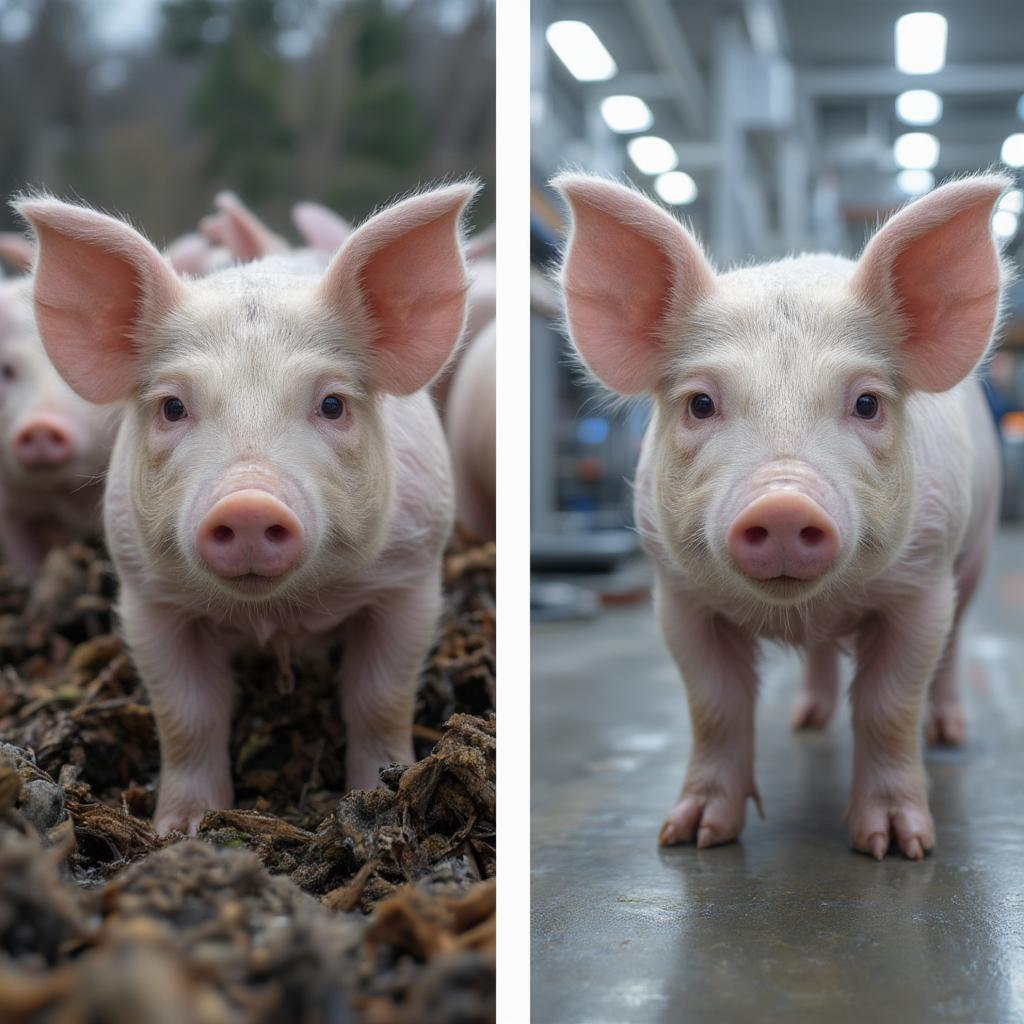 Pigs in a farm setting, contrasted with a lab setting