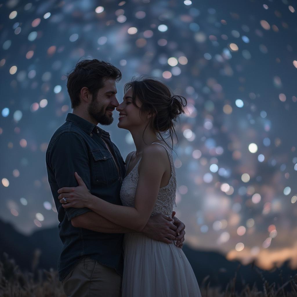 Couple embracing under a starry sky, illustrating the magic of love captured in poetic words.