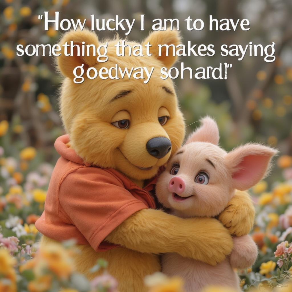 Pooh Bear hugging Piglet with a heartwarming love quote overlayed