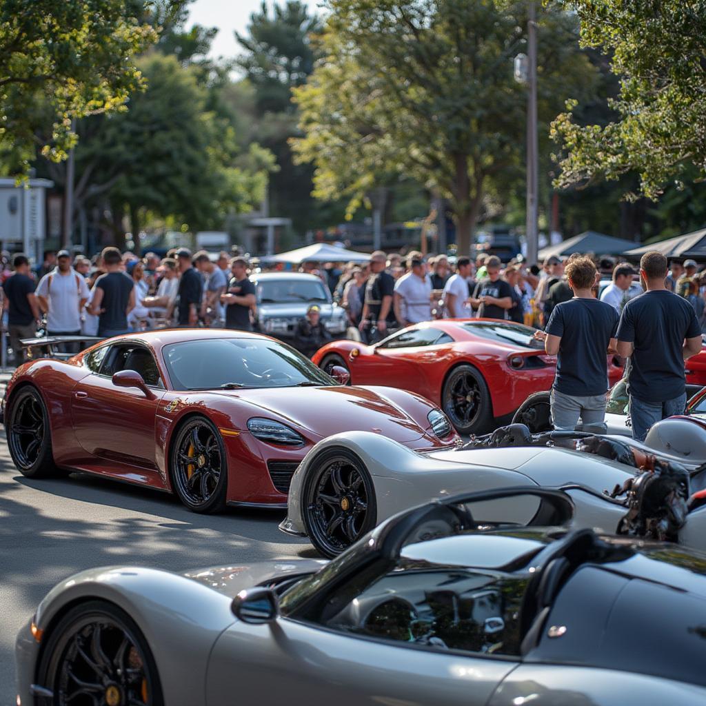 Porsche community event with enthusiasts gathered around their cars