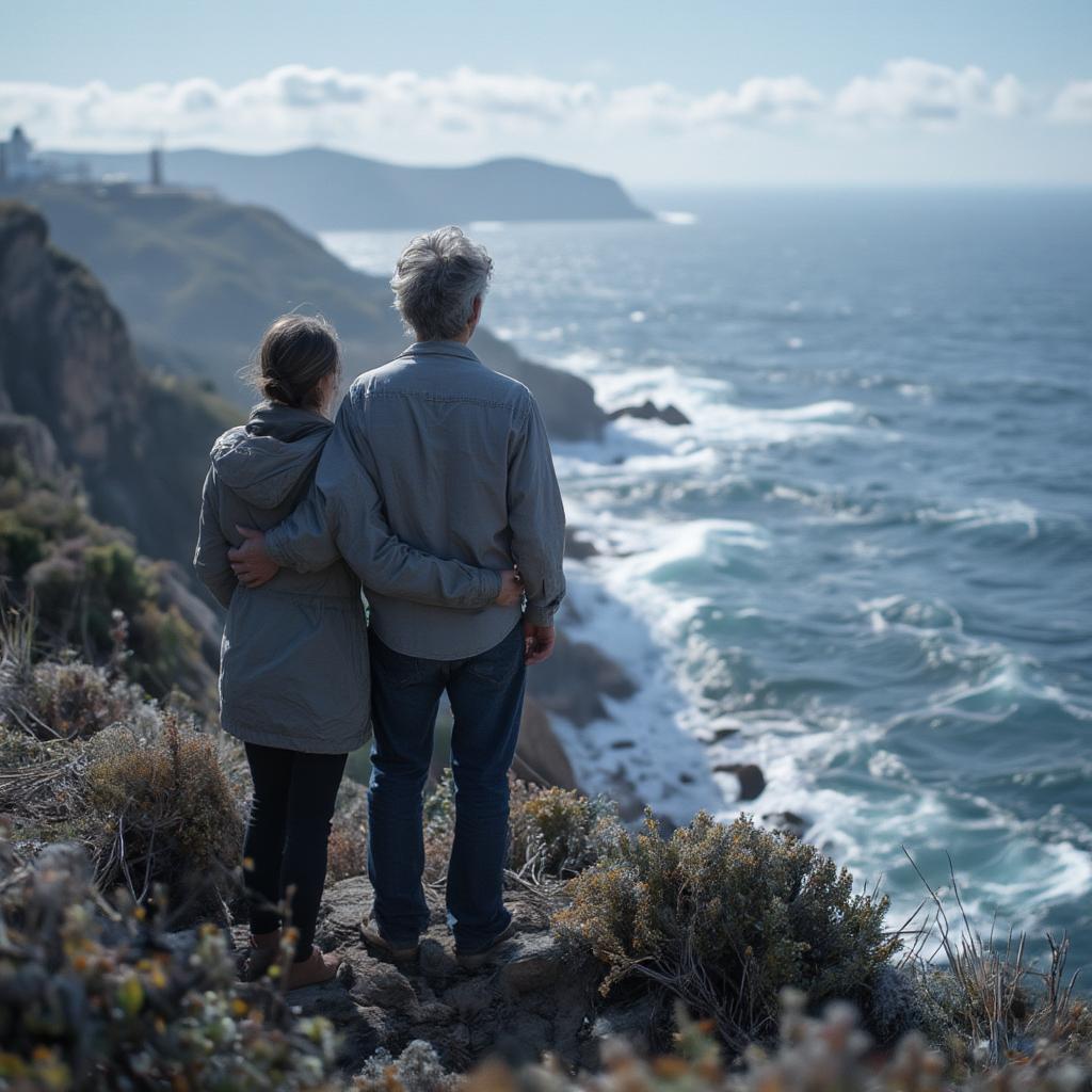 A Portuguese couple gazing out at the vast ocean, hands intertwined, a melancholic yet hopeful expression on their faces.