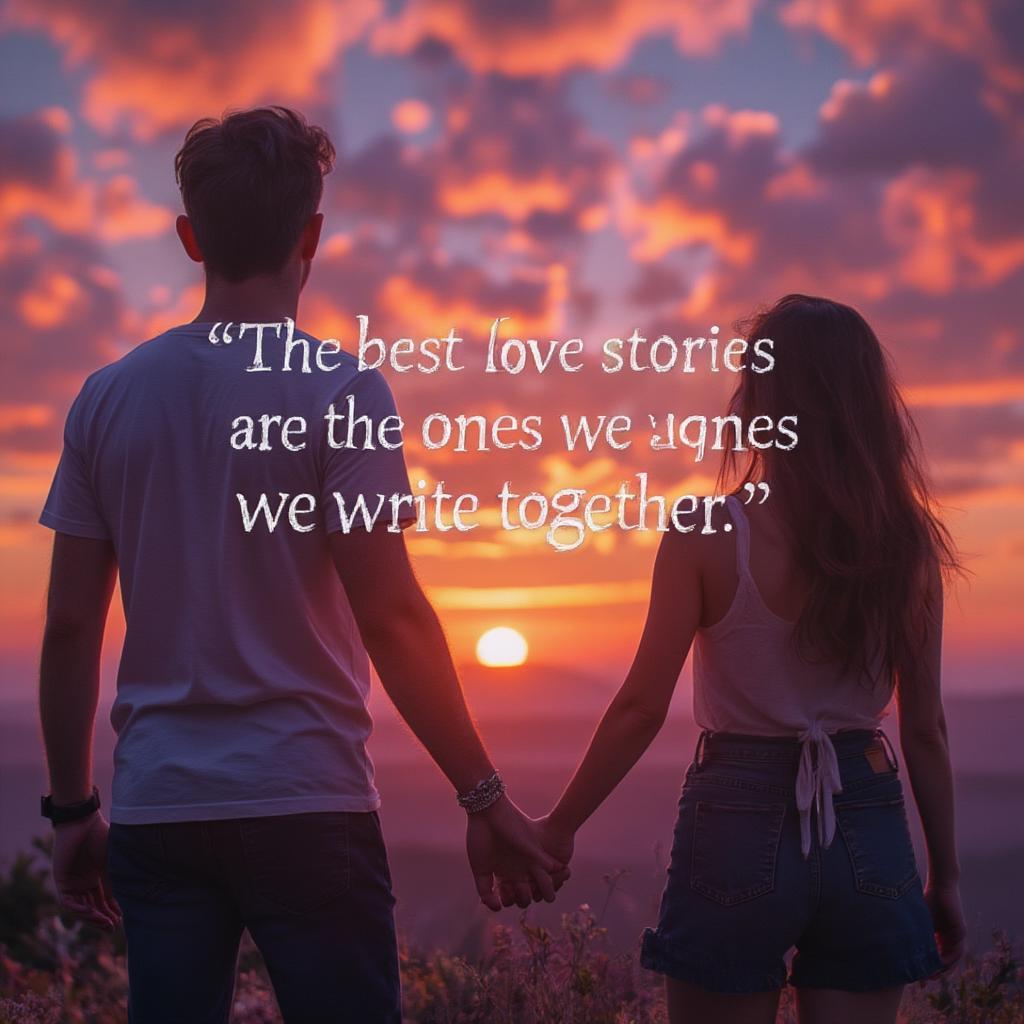 Couple holding hands at sunset with positive love life quote overlay