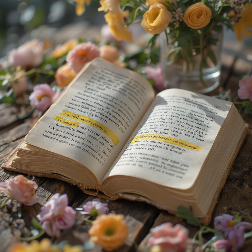 Open book with highlighted love quote, surrounded by flowers.